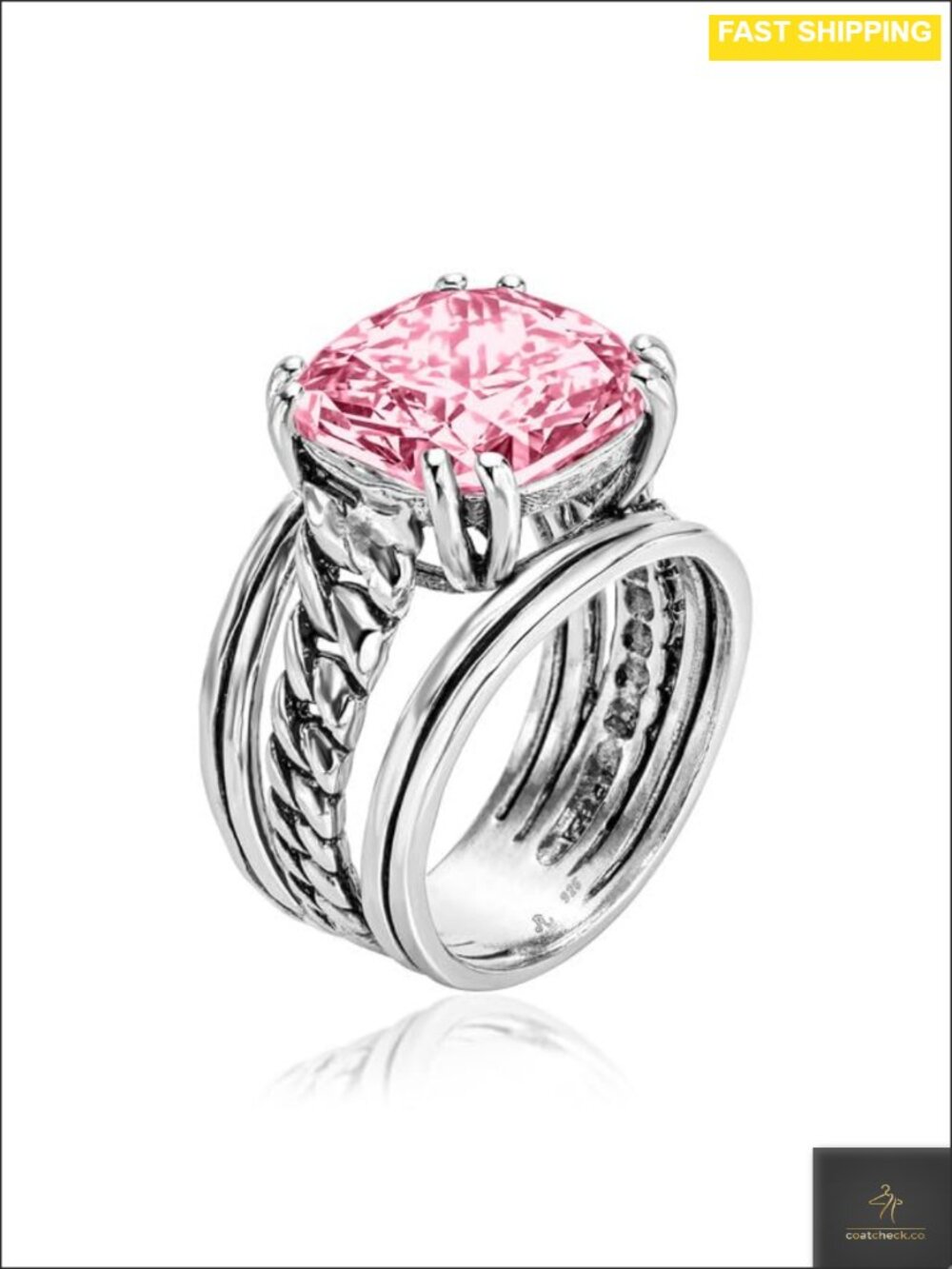 925 Sterling Silver Statement Ring Cushion Cubic Zirconia Vintage Curb Chain